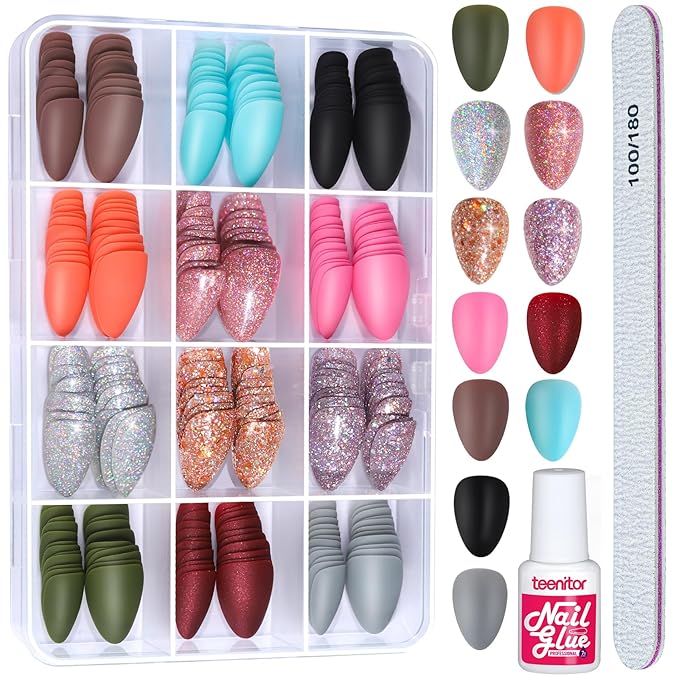 Teenitor 288pcs Short Almond Press on Nails for Women, 12 Sets of Short Fake Nails with Glue, Matte & Glitter Finish