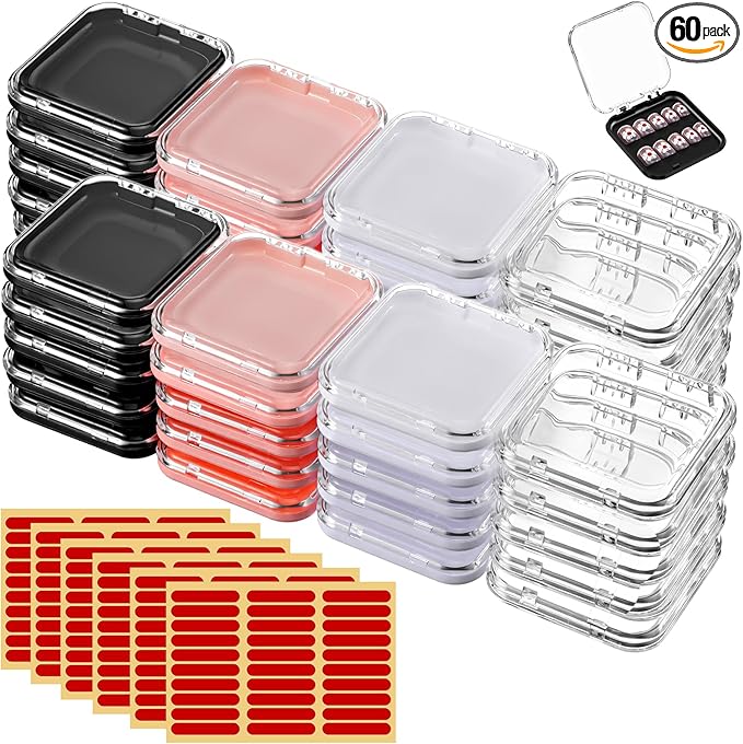 60 Pcs Press On Nail Packaging Boxes with 180 Adhesive Tapes, 3 X 3 Inch Plastic Display and Storage Case for Nail Art Business Salon Supplies, 4 Colors