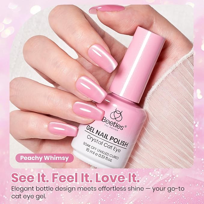 Beetles Peachy Whimsy Pink Cat Eye Gel Nail Polish - 15ML Glitter Pink Cat Eye Spring Gel Polish Magnetic Shimmer Effect Soak Off UV Nail Art Design Salon DIY Manicure Gift for Women