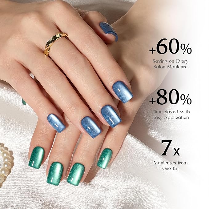 Beetles X Press Plus Cat Eye Nails - Galaxy Aurora | 7 Colors Short Square Press On Nails | 16 Sizes 224 Pcs Natural Salon Quality For Red Blue Purple Nails St Patrick Day