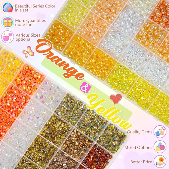 qiiipi 2 Big Boxes Yellow Resin Pearls and Rhinestones w B7000 Glue for Bedazzling Crafting Flatback Stones Gems Diamonds Half Pearls Bedazzler Kit for Nails Eyes Face Makeup Tumblers Bottles Crafts﻿