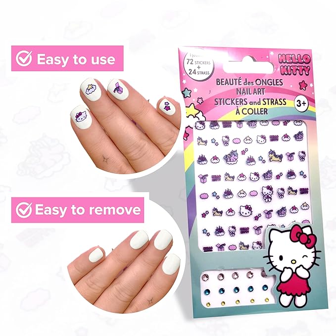 Hello Kitty Nail Stickers – 1 Sheet with 72 Stickers + 24 Rhinestones – Self-Adhesive Nail Art for Girls – Fun Activity & Gift Idea for Birthdays, Crafts, Party Bags and Playdates