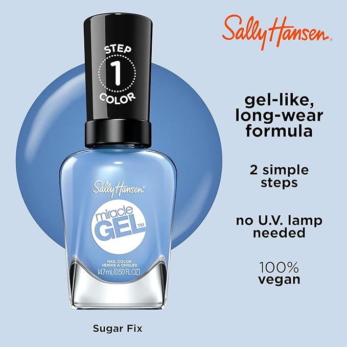 Sally Hansen Miracle Gel Salon Quality Nail Polish | Gel-Like Formula, Two-Step System, No UV Light Needed, Long Lasting | Opaque, Glossy | 639 Sugar Fix | Classic Blue Nail Polish