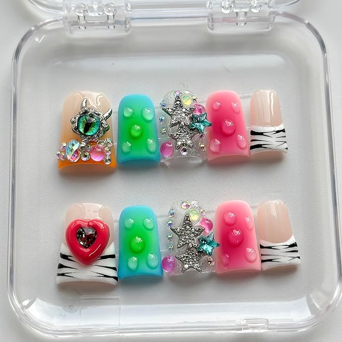 Luxury Press on Nails Short Duck Handmade 3D Unique Reusable ABS Material Fake Nails French Tip Y2k False Nails with Designs Stars Heart Rhinestones Gradient Glossy Glue on Nail Thick Acrylic Nail(M)