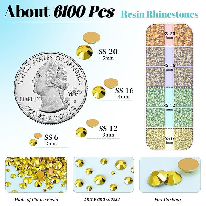 6100Pcs Resin Rhinestones for Crafting with 2Pcs 10ml B7000 Jewelry Glue, 1 Box Flatback Crystals Diamond (Bright Gold) for Bedazzling Crafts DIY Nail Art，Non Hotfix Gems for Clothing Shoes Tumblers