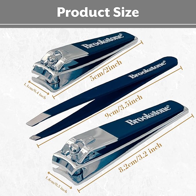 Brookstone Nail Clippers Set - Premium Stainless Steel Nail Clipper and Nail Cutter with Rubberized Non-Slip Grip, Includes Case and Tweezer, Two Nail Clippers for Precision Grooming (Navy)