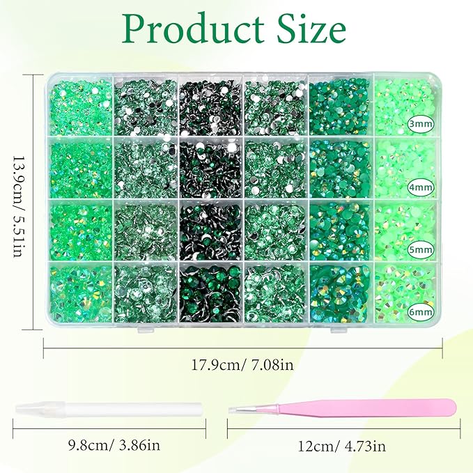 18000 Pcs 3D Green Resin Rhinestones for Crafting, Flatback Jelly Resin Bedazzled Rhinestones for Nails Art, 3-6 mm Crystal Nail Gems for Crafts Nails Eyes Makeup DIY Crafts Supplies