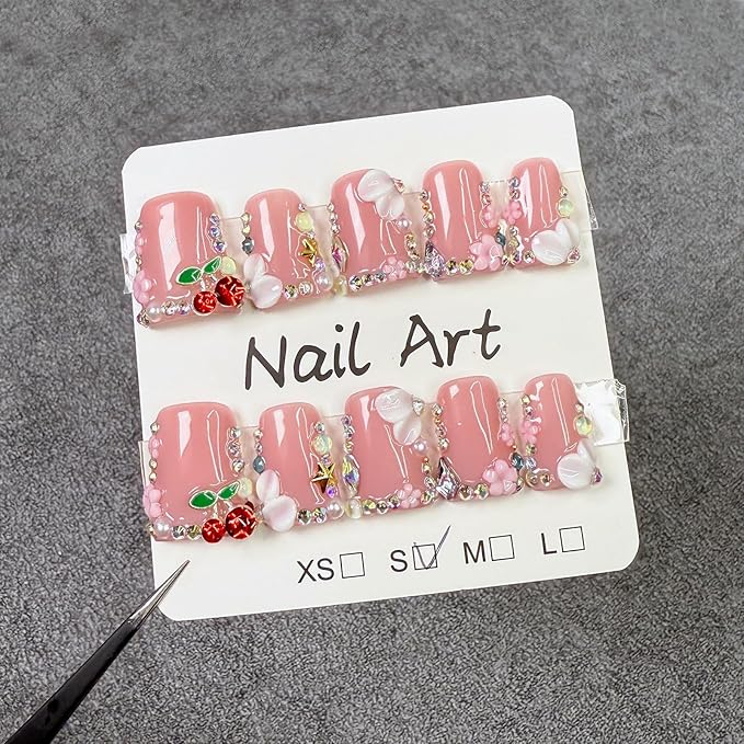 10Pcs Short Pink Press on Nails Handmade Duck Fake Nails with 3D Flower Cherry Rhinestone Design Cute False Nails Artificial Acrylic Nails Press ons Multi-Layer Handmade Stick on Nail for Women (S)