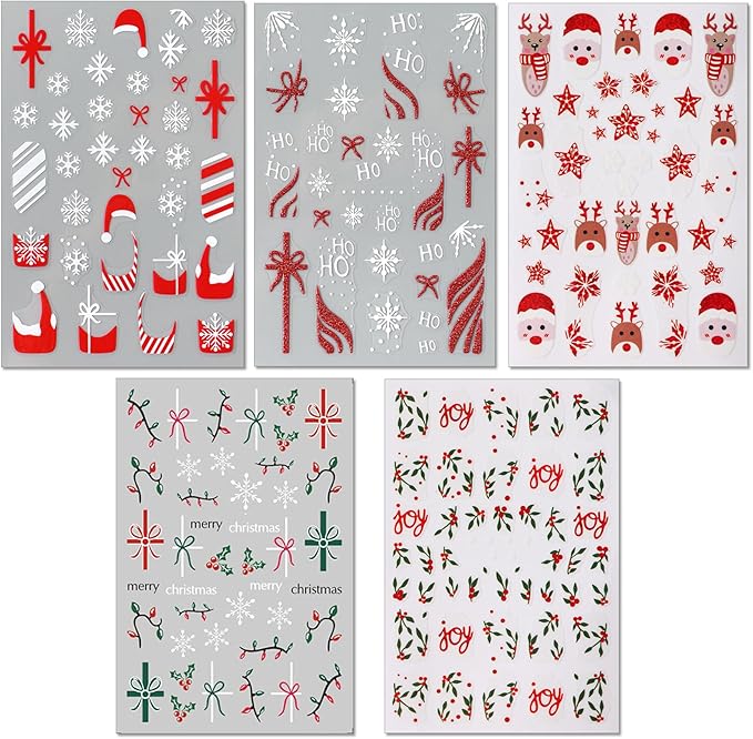 Christmas Gift Bow Nail Art Stickers, Santa Hat Elk Snowflake Design, 3D Self-Adhesive Glitter French Nail Tip Winter Holiday Nail Decals for Women (5 Sheets)
