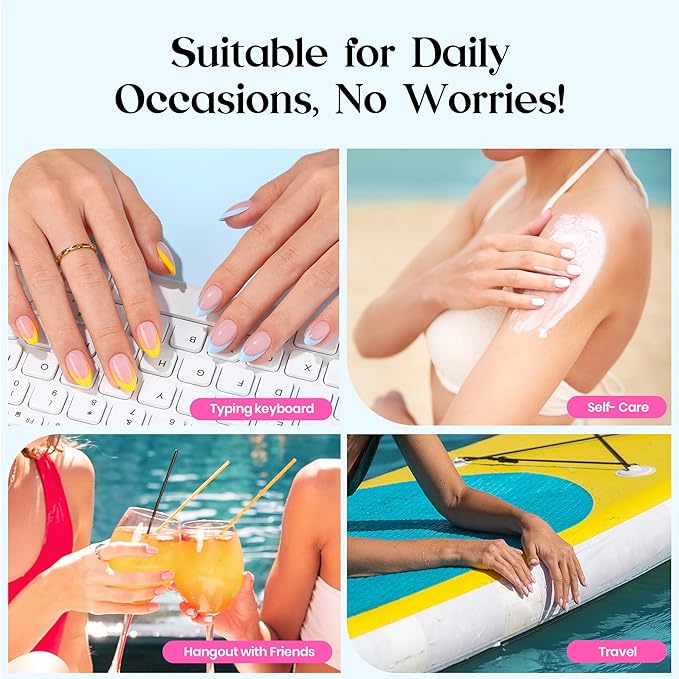 Beetles X Press Summer Nails Kit: Short Almond French Tip Press On Nails Kit With 7 Colors 224Pcs Rainbow Nail Tips Nail Glue & Builder Top Coat Mini UV Light, All-in-One DIY Gift For Women 16 Sizes