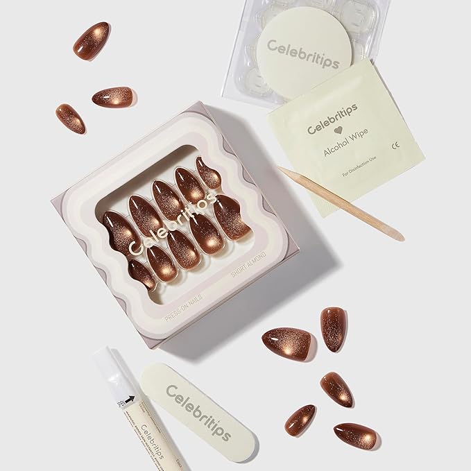 Nail Art Press-Ons | Cinnamon Powder, Short Almond Nails, Reusable, Salon Quality Fall Nails | 16 sizes - 32 Nails Kit with Super-hold Nail Glue and Sticky Tabs