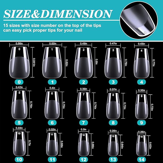 Short Coffin Nail Tips, 360Pcs Soft Gel Full Cover Nails for Soak off Nail Extensions, Half Matte Clear False Gel Nail Tips for Nail Salons and DIY Nail Art, 15 Sizes