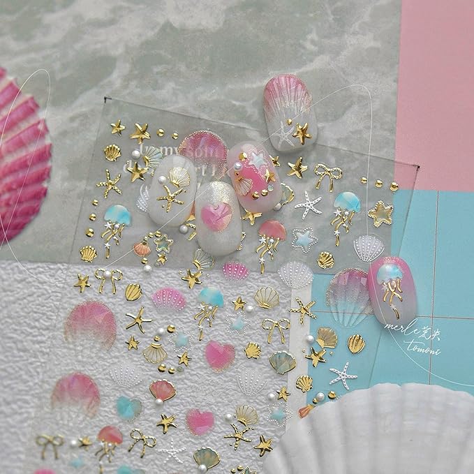 Laser Pearl Seashell Nail Stickers 5D Embossed Gold Ocean Nail Decals 3D Self-Adhesive Starfish Nails Supplies Jellyfish Nails Designs Summer Nail Art Decoration for Women DIY Manicure 1 Sheet