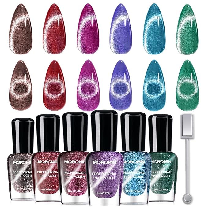 Morovan Magnetic Nail Polish Set：Cat Eye Glitter Red Green Purple Blue Nail Polish Kit Shimmer Quick Dry Nail Kit Bulk for Women Nail Art Manicure Salon Gift Holiday Party