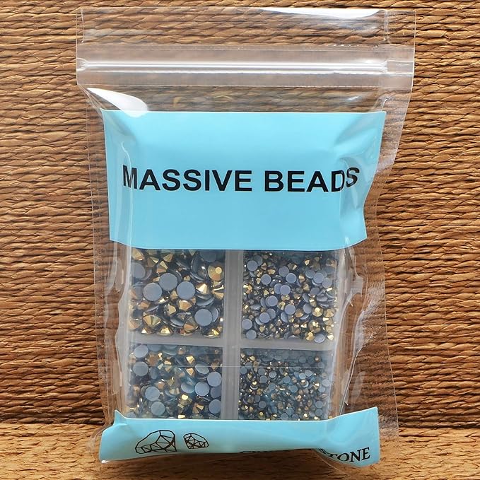 4000Pcs Mixed Size Hot Fix Round Crystals Gems Glass Stones Hotfix Flat Back Rhinestones (Mine Gold)
