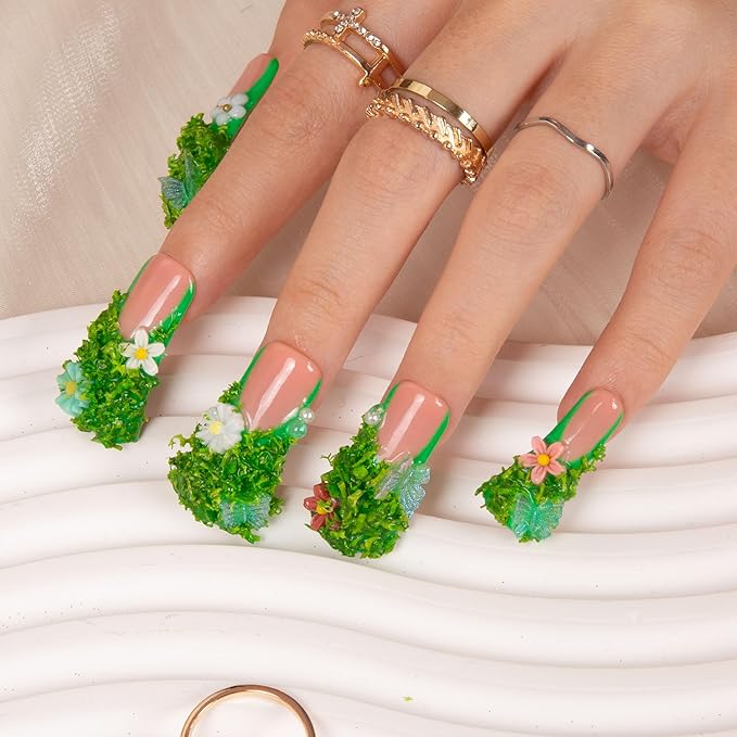 LOVFUL Press on Nails Fairy Tale Garden | Handmade with Full Covered Crystals | Reusable Full Cover Nails | Duck Classic Regular 1.3 in | H151-M