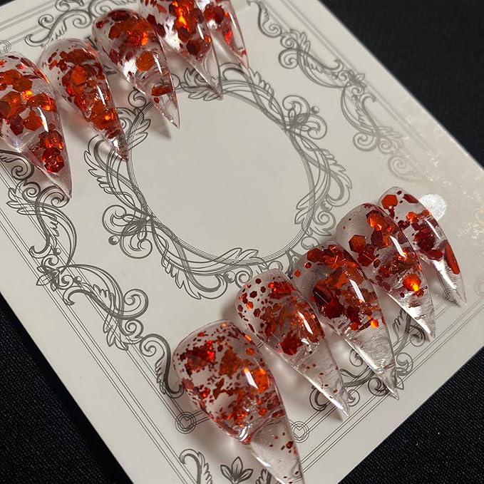 Luxury Press on Nails Medium Stiletto Handmade Eagle Claw Unique Reusable ABS Material Fall Fake Nails Cat Claw False Nails with Glitter Designs Glossy Glue on Nail Curved Thick Acrylic Nail(S)