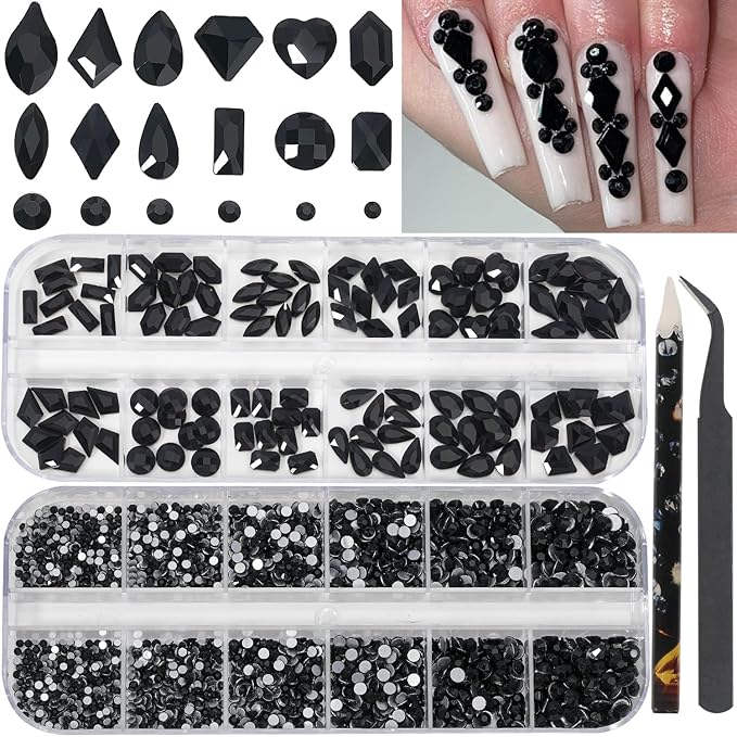 HNUIX Nail Rhinestones - 3D Multi Shape Size Crystal, Black Nail Gems, Flat Back, with Kit, for Nail Art, DIY Decorations