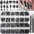 HNUIX Nail Rhinestones - 3D Multi Shape Size Crystal, Black Nail Gems, Flat Back, with Kit, for Nail Art, DIY Decorations