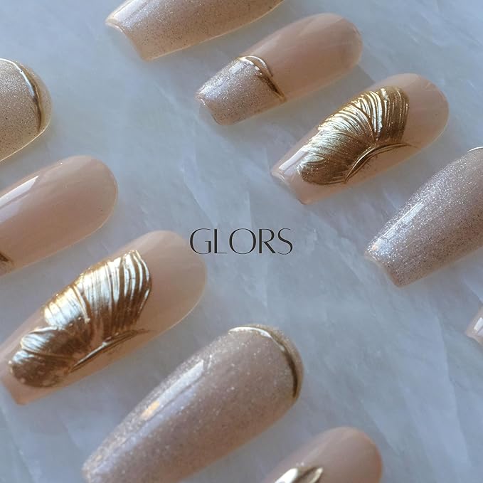 Press On Nails, Long Ballerina Style, Nude Pink with Gold Accents, 10 Pieces (XS,LB)