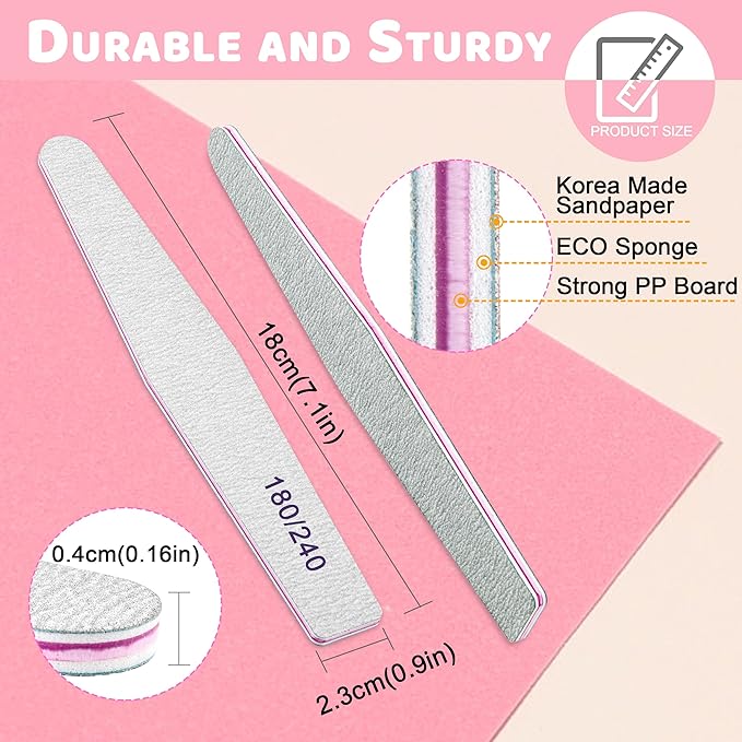 Professional Nail Files, Emery Board Nail File for Natural Nails 100/180/240 Grit Nail Files for Acrylic Nails 12pcs Fine Grit Nail File Manicure Tools Coarse Fingernail Files (180/240 Grit)