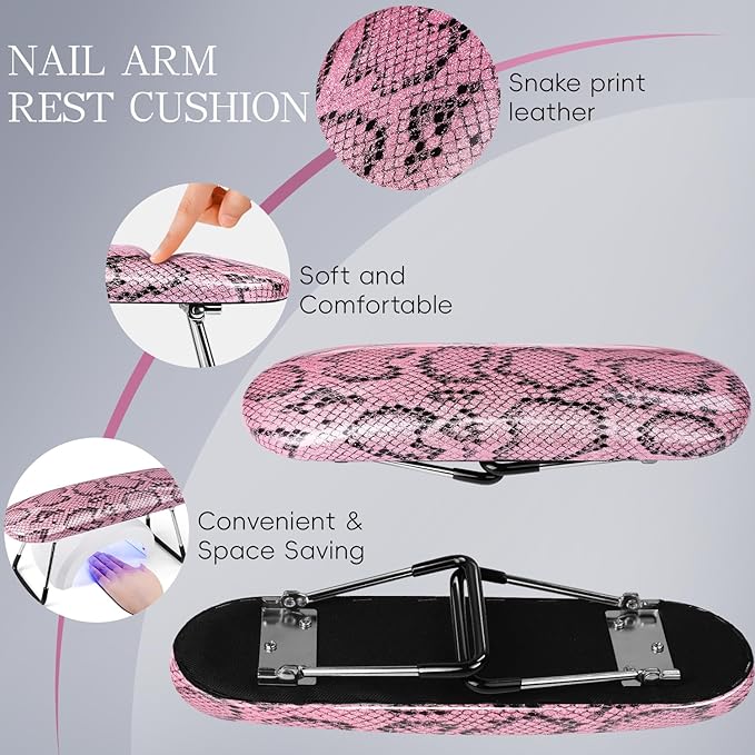 krofaue Nail Arm Rest - Professional Nail Hand Rest Stand Foldable PU Leather High-Density Sponge Nail Arm Rest for Nail Tech with Non-Slip Stable Reduces Hand Fatigue Fit for Manicure Salon Use Pink
