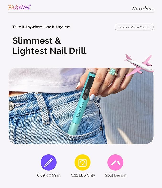 MelodySusie PocketNail Pen-Shaped Cordless Modular Nail Drill, Extended Kit, PC100GR 20000RPM Slim Portable Rechargeable Electric File for Nail Care & Gel Removal at Home for Beginners, Light Blue