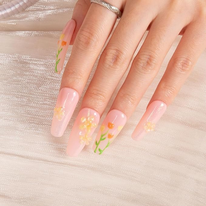 LOVFUL Press on Nails Flower Refresher | Handmade with Full Covered Crystals | Reusable Full Cover Nails | Coffin Classic Regular 1.3 in | H313-L