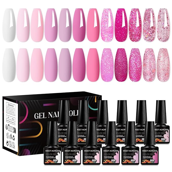 MEET ACROSS 12pcs Gel Nail Polish Set,Soak Off UV LED Lamp Gel Nail Polish Kit,Fashion Shimmer Nail Art Design Gifts for Women Manicure Salon (Pink-2)