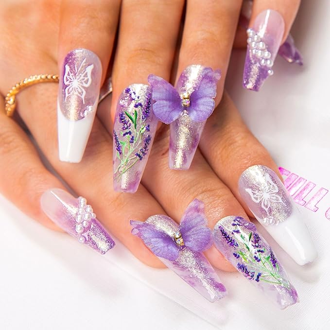 LOVFUL Press on Nails Butterfly Spell | Handmade with Full Covered Crystals | Reusable Full Cover Nails | Coffin Classic Regular 1.3 in | H461-S