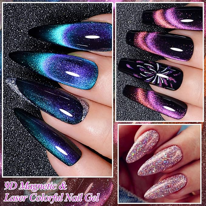 MEET ACROSS 8pcs Nail Polish Set, Soak off UV LED Lamp Cat Eye Gel Set Home Manicure Kit 7ml (Glitter + 9D Cat Eye Gel)