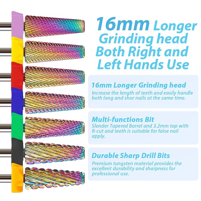 2XC 5 in 1 Nail Drill Bits, 16mm Tapered 3/32'' Professional Tungsten Carbide Bits for Efile, 2 Rotation for Electric Drill, Remove Thick Gel Acrylic Fast, Technicians Bits, Double Coarse