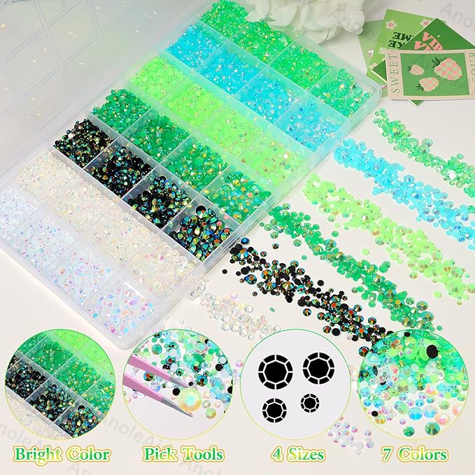 22000Pcs Green Rhinestones for Bedazzling, Jelly Bedazzling Resin Gems 3-5mm, Blue White Gems Bedazzling Kit for Crafting, Flatback Color Light Green Blue AB Gems for Nails Face Makeup Tumblers