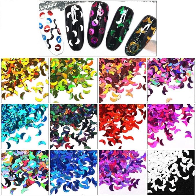 DIY 12pcs Color Set Nail Sequins Laser Moon Shape Glitter Flakes Manicure Art Decoration Accessories Tools LB-Moon
