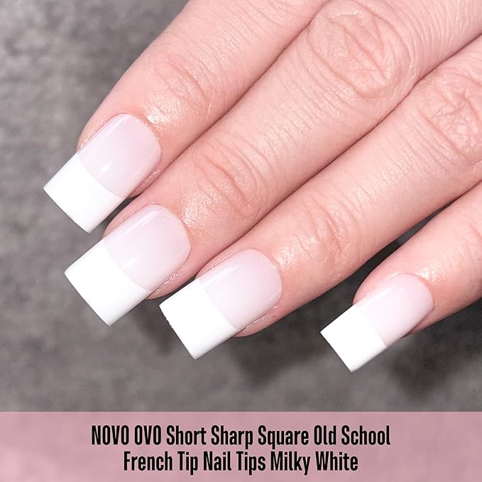 NOVO OVO Short Sharp Square Tip Nail Tips Press on Milky White, Thick Old School Wide White French NEED Builder Gel Top Coat Nail Glue, Soft Gel Full Cover Fake Nail Extension for DIY x 15 Size 240 pc
