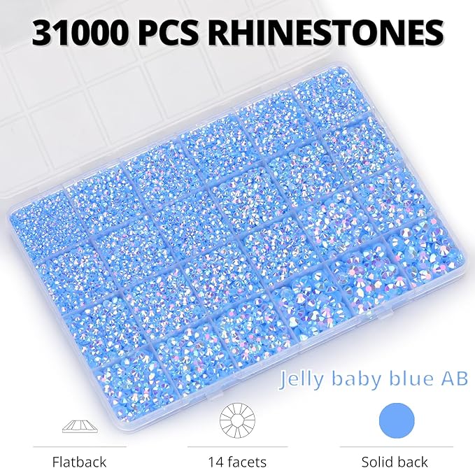 33000Pcs Baby Blue Rhinestones for Bedazzling, Bedazzler Kit with Flatback Craft Rhinestones Bulk and B7000 Glue, 2,3,4,5,6mm Resin Flat Back Crystals for Craftings, Crafts, Clothes, Shoes, Nails