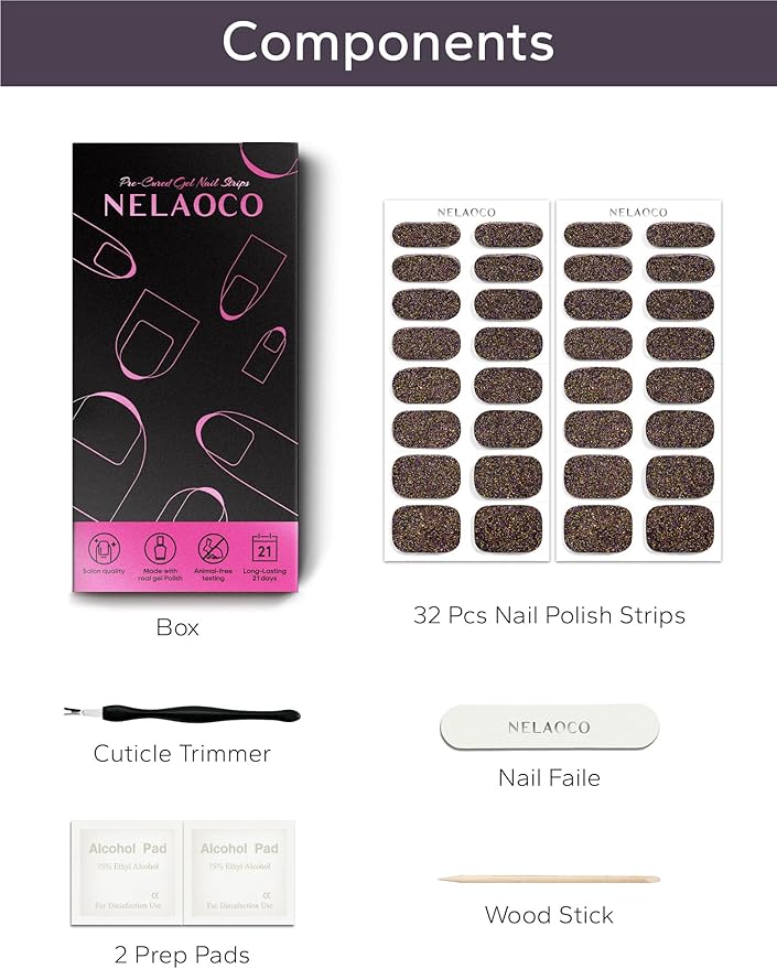 Nail Polish Strips – 32PCS UV Free Salon Quality Wraps, Long Lasting Gel Nail Stickers for Women (Copper Spark)