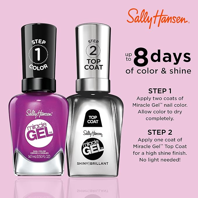 Sally Hansen Miracle Gel Salon Quality Nail Polish | Gel-Like Formula, Two-Step System, No UV Light Needed, Long Lasting | Opaque, Shimmery | 529 Hunger Flames | Purple Nail Color