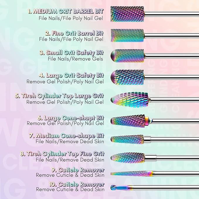 Makartt Nail Drill Bits Set:10Pcs Dimond Tungsten Carbide Nails Bits,3/32 Inch for Acrylic Gel Nails Cuticle Tools,Remove Acrylic Poly Nail Gel Nail Polish B-36,Bit Kit Manicure Pedicure Home Salon