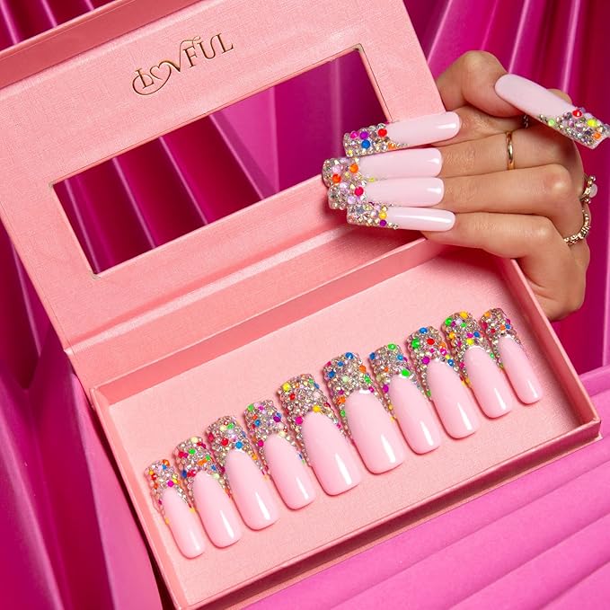 LOVFUL Press on Nails Jelly Beans | Handmade with Full Covered Crystals | Reusable Fake Nails | Square Mid length 1.7in | H125-S