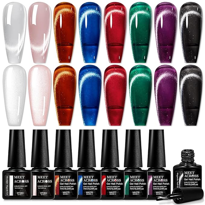 MEET ACROSS 8 Colors Magnetic Gel Nail Polish Kit With Magnetic Stick, All Season Colors Cat Eye Gel Polish, Long-Lasting Cat Eye Nail Gel for Salon Home Nail Art Manicure