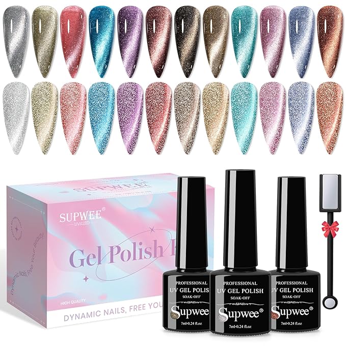 Reflective Cat Eye Gel Nail Polish Sparkling Holographic Magnetic Nail Polish Gels 9D Cateye Gel Polish Set 12 Colors with Magnet for Home DIY Manicure Nails Salon