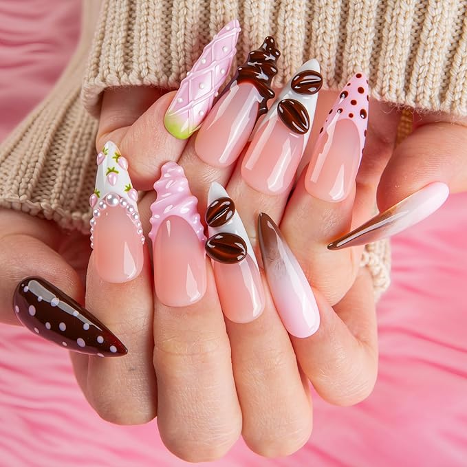 LOVFUL Short French Tip Press on Nails Cocoa Treat| Handmade Acrylic Press ons| Reusable Fake False Nails | Stiletto Classic Regular 1.3in | H737-L