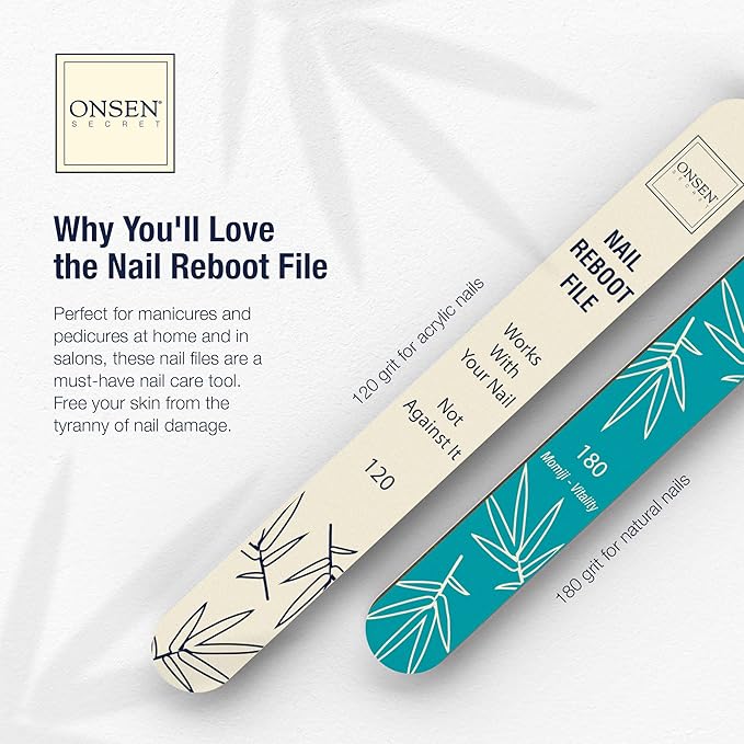 Onsen Secret Japanese Nail File - Professional 20-Pack Nail Files, Double Sided Natural & Acrylic Filers - 120/180 Grit - Disposable, Salon Smooth | Best Onsen File for Shiny Nails