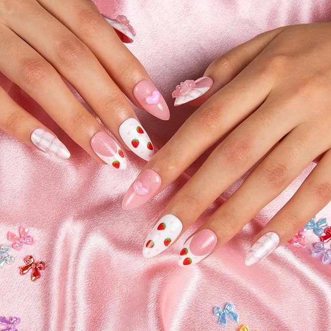 LOVFUL Press on Nails Strawberry Mousse | Handmade with Full Covered Crystals | Reusable Fake Nails | Almond Regular 1.0 in | H286-S