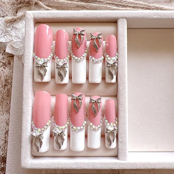 NAIL ANGEL 10PCS/SET Glamorous Handmade Press on nails Glitter Rhinestone with Metal 3D Bow Charms Long Coffin Nails Party Nails XXL Long Artifical Tips ZJ-08 (Multi-Color, ZJ-08-S)