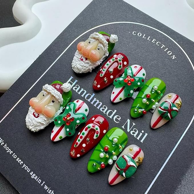 Christmas Press on Nails Medium Almond Handmade Nails with Glue,Green ＆ Red Fake Nails Cute 3D Santa Claus Designs Muti-Layer Gel Handmade Acrylic Full Cover Thick False Nails for Women (Size S)