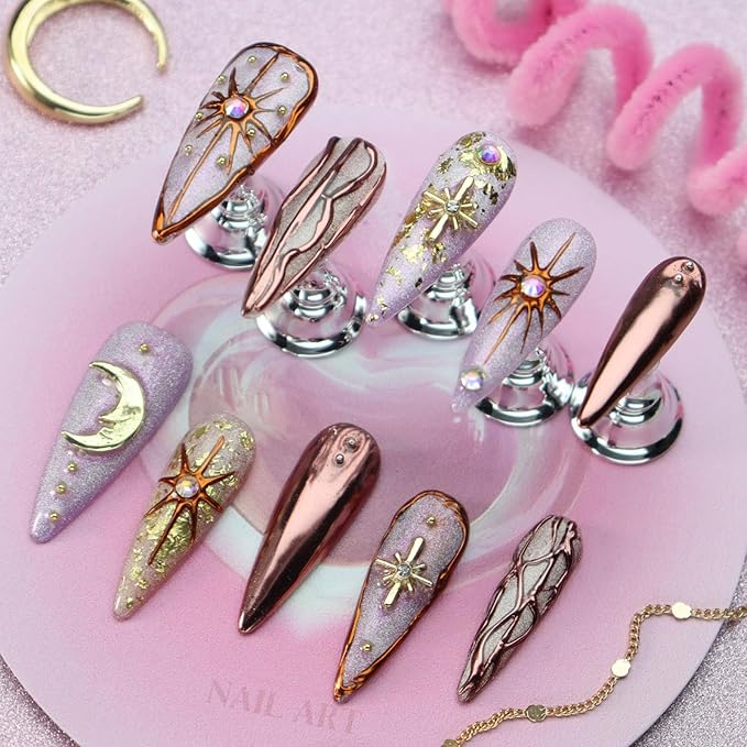 Star Moon Press on Nails Long Stiletto Fake Nails Pure Handcrafted Nail Mirror Effect Glue on Nails Glitter False Nail with Design Rhinestone Stick on Nail for Women Girls Luxury Manicure (L)