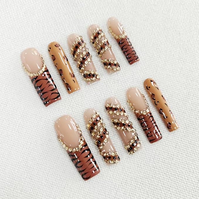 Handmade Press on Nails Extra Long Square Nails Press ons French Tip Leopard Fake Nails with Sparkly Rhinestones Designs False Nails Luxury Full Cove Acrylic Stick on Nail for Women DIY (Size M)