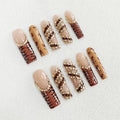 Handmade Press on Nails Extra Long Square Nails Press ons French Tip Leopard Fake Nails with Sparkly Rhinestones Designs False Nails Luxury Full Cove Acrylic Stick on Nail for Women DIY (Size M)